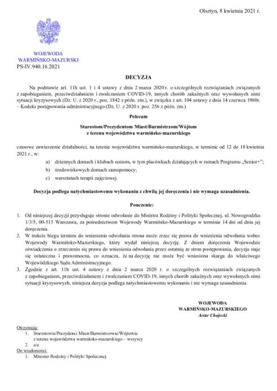 Decyzja Wojewody Warmińsko-Mazurskiego z dnia 08 kwietnia 2021 r.